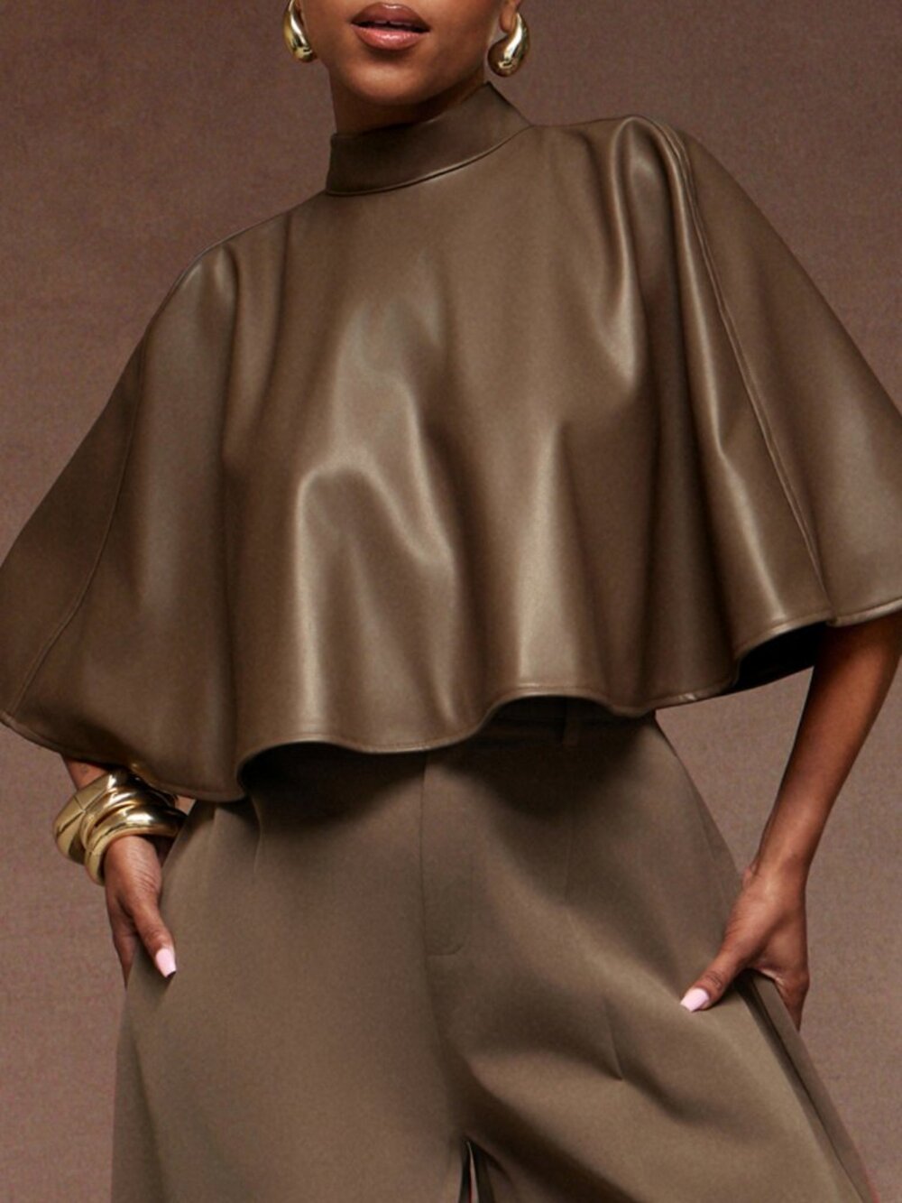 Rust Brown Elegant Women's Loose Stand Collar Cloak Sleeve Crop Cape Top